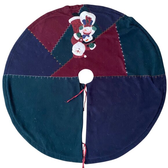 Vintage Christmas Tree Skirt Santa & Snowmen Felt Applique Red Blue 42" - Picture 1 of 3